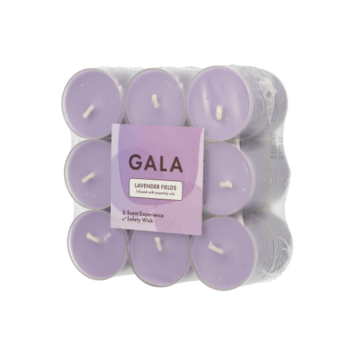 6 x 18 "GALA" Duftlichte Ø 38 mm · 24 mm violett - Lavender Fields in Polycarbonathülle