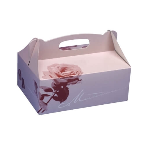 Gebäck-Kartons, Pappe eckig 16 cm x 10 cm x 9 cm rosé mit Tragegriff