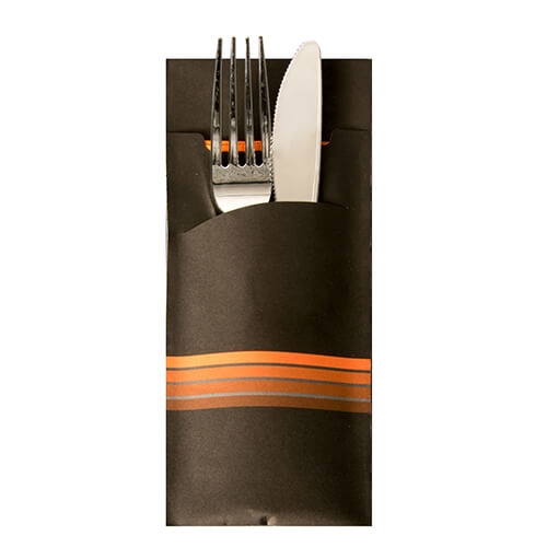 Bestecktaschen 20 cm x 8,5 cm schwarz/orange "Stripes" inkl. farbiger Serviette 33 x 33 cm 2